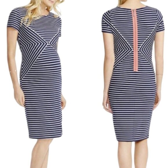 Jessica Simpson Navy Striped Colorblock Maternity Zipper Midi Dress Sz Large - Picture 1 of 10